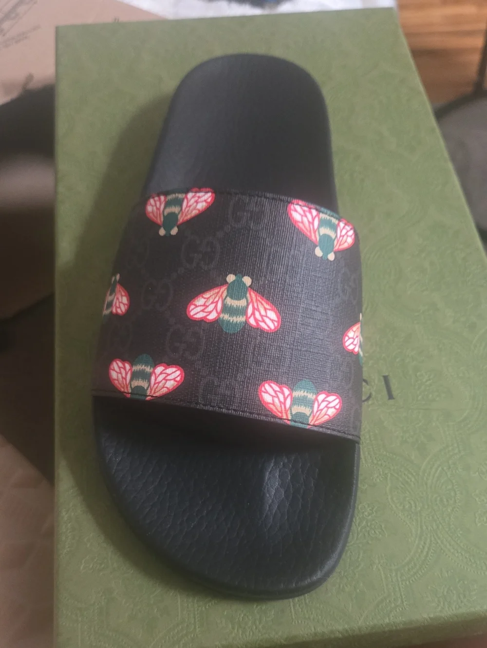 Gucci Black Slide Sandals with Red & Green Bee Print